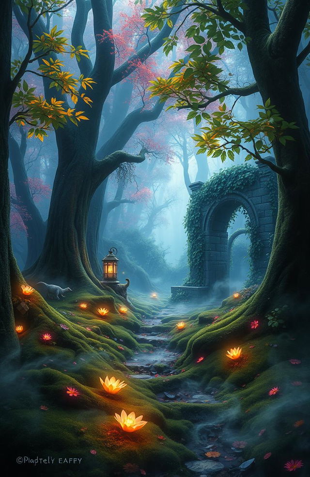 A mystical and enchanting forest, filled with vibrant colors and ethereal light