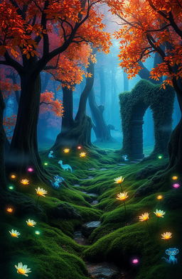 A mystical and enchanting forest, filled with vibrant colors and ethereal light