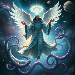 An ethereal sorcerer with flowing robes, adorned with mystical symbols, hovering in mid-air