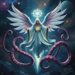 An ethereal sorcerer with flowing robes, adorned with mystical symbols, hovering in mid-air