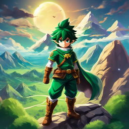 Midoriya from My Hero Academia in a Zelda style, dressed in his hero costume amidst a mystical landscape.