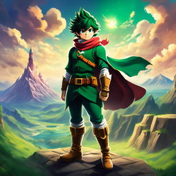 Midoriya from My Hero Academia in a Zelda style, dressed in his hero costume amidst a mystical landscape.