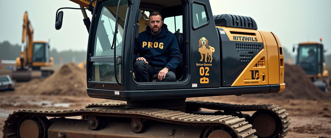 A striking image of a black and gold rotary excavator featuring the word 'PROG' prominently displayed along with a logo of a cocker spaniel