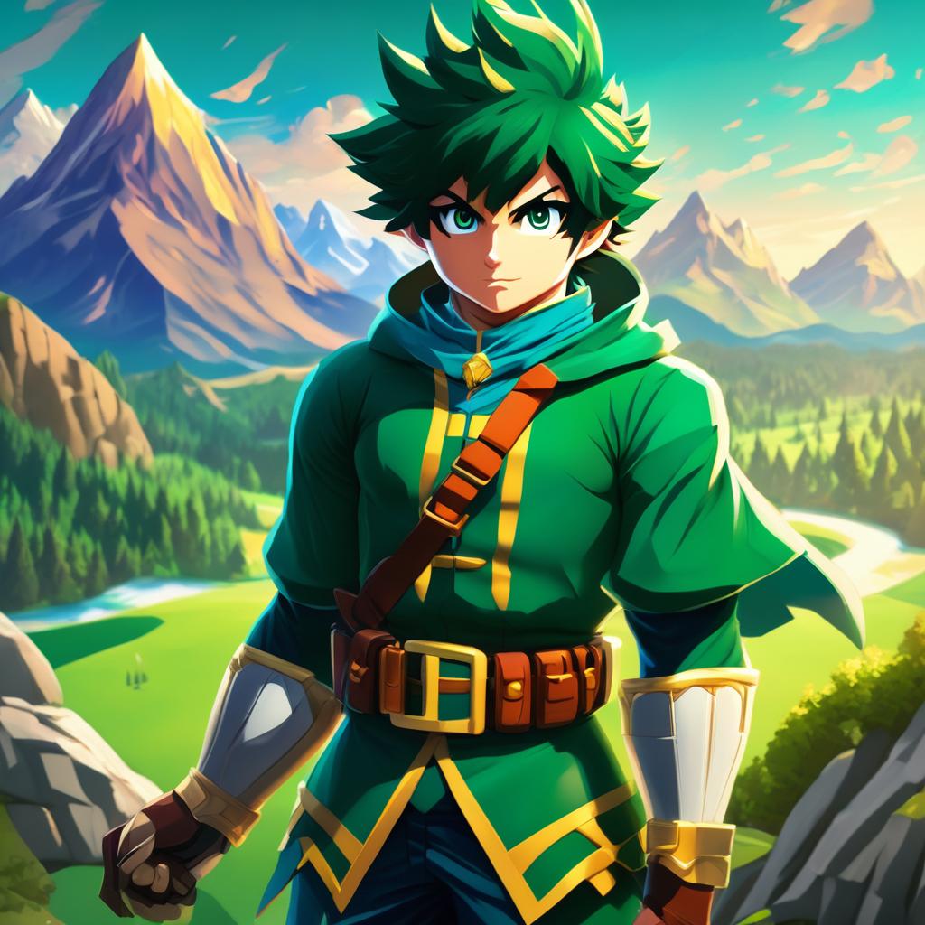 Midoriya from My Hero Academia in a Zelda style, dressed in his hero costume amidst a mystical landscape.