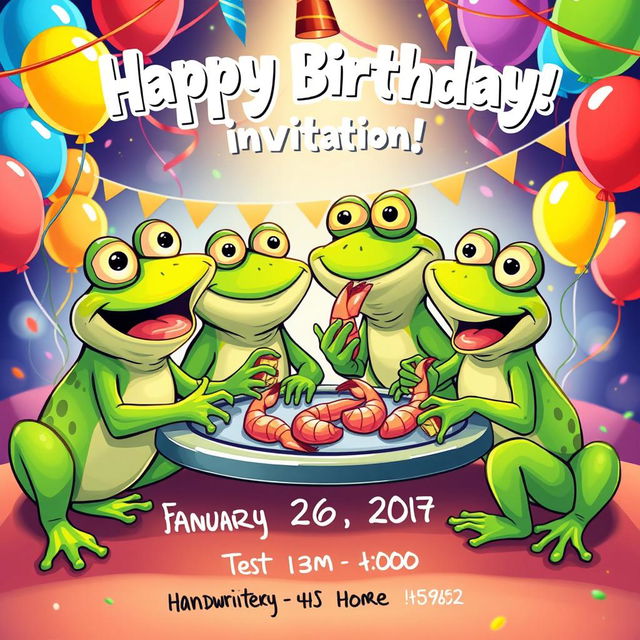 A whimsical birthday invitation poster featuring a central illustration of four cartoonish frogs enjoying themselves, appearing slightly tipsy and cheerfully eating shrimp