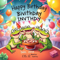 A whimsical birthday invitation poster featuring a central illustration of four cartoonish frogs enjoying themselves, appearing slightly tipsy and cheerfully eating shrimp
