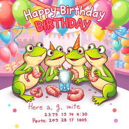 A whimsical birthday invitation poster featuring a central illustration of four cartoonish frogs enjoying themselves, appearing slightly tipsy and cheerfully eating shrimp
