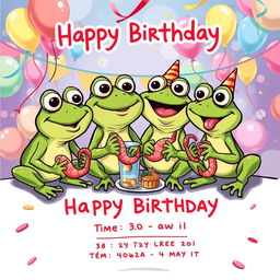 A whimsical birthday invitation poster featuring a central illustration of four cartoonish frogs enjoying themselves, appearing slightly tipsy and cheerfully eating shrimp