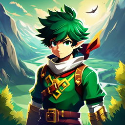 Midoriya from My Hero Academia in a Zelda style, dressed in his hero costume amidst a mystical landscape.