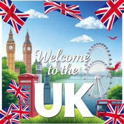 A vibrant and artistic poster showcasing iconic elements of the UK