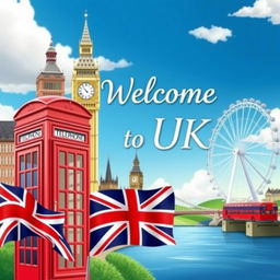 A vibrant and artistic poster showcasing iconic elements of the UK