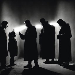 An evocative image of individuals in darkness searching for light, which is ironically right in front of them, yet unseen