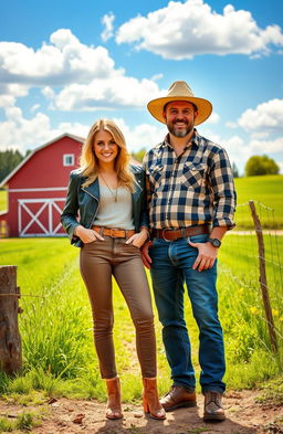 A famous girl and a farmer guy standing together in a picturesque rural setting