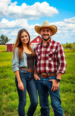A famous girl and a farmer guy standing together in a picturesque rural setting