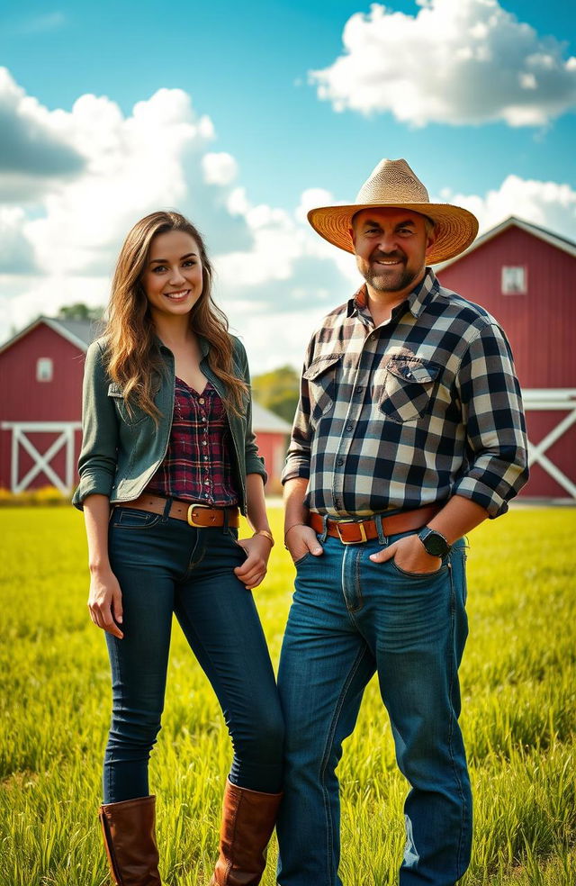 A famous girl and a farmer guy standing together in a picturesque rural setting