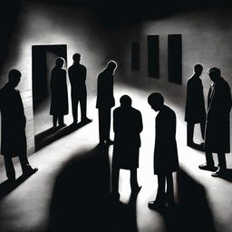 An evocative image of individuals in darkness searching for light, which is ironically right in front of them, yet unseen