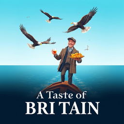 A whimsical poster depicting a British man standing proudly on a ship, enjoying a cup of tea in one hand and a plate of fish and chips in the other