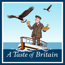 A whimsical poster depicting a British man standing proudly on a ship, enjoying a cup of tea in one hand and a plate of fish and chips in the other