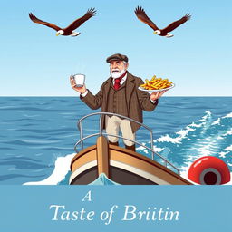 A whimsical poster depicting a British man standing proudly on a ship, enjoying a cup of tea in one hand and a plate of fish and chips in the other