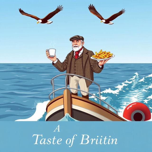 A whimsical poster depicting a British man standing proudly on a ship, enjoying a cup of tea in one hand and a plate of fish and chips in the other