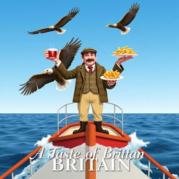 A whimsical poster depicting a British man standing proudly on a ship, enjoying a cup of tea in one hand and a plate of fish and chips in the other