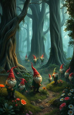 A mystical and enchanting forest filled with lush greenery, tall ancient trees with thick trunks, and soft glowing lights illuminating the scene