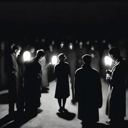 An evocative image of individuals in darkness searching for light, which is ironically right in front of them, yet unseen