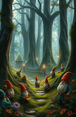 A mystical and enchanting forest filled with lush greenery, tall ancient trees with thick trunks, and soft glowing lights illuminating the scene