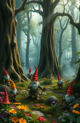 A mystical and enchanting forest filled with lush greenery, tall ancient trees with thick trunks, and soft glowing lights illuminating the scene