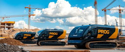 A construction site featuring sleek, shiny black and gold machines with the word 'PROG' prominently displayed on them
