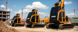 A construction site featuring sleek, shiny black and gold machines with the word 'PROG' prominently displayed on them