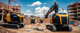 A construction site featuring sleek, shiny black and gold machines with the word 'PROG' prominently displayed on them