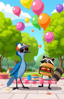 A vibrant scene depicting characters from a cartoon inspired by 'Regular Show', featuring a blue jay and a raccoon engaging in comical antics in a colorful park