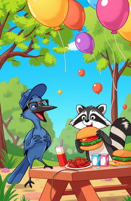 A vibrant scene depicting characters from a cartoon inspired by 'Regular Show', featuring a blue jay and a raccoon engaging in comical antics in a colorful park