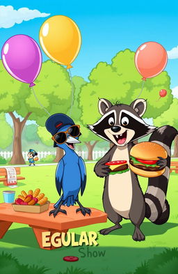 A vibrant scene depicting characters from a cartoon inspired by 'Regular Show', featuring a blue jay and a raccoon engaging in comical antics in a colorful park