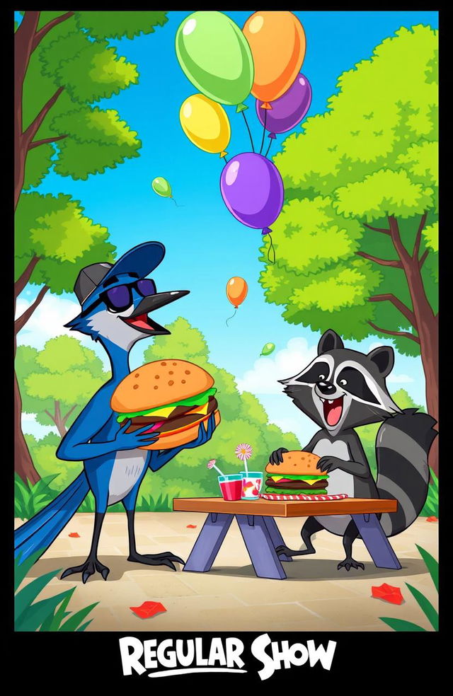 A vibrant scene depicting characters from a cartoon inspired by 'Regular Show', featuring a blue jay and a raccoon engaging in comical antics in a colorful park