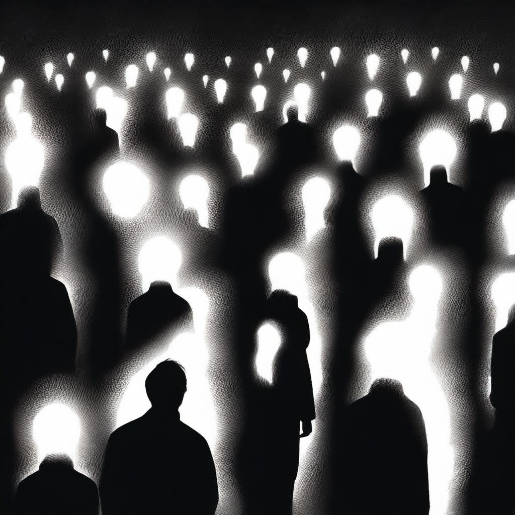 An evocative image of individuals in darkness searching for light, which is ironically right in front of them, yet unseen