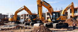 A construction site featuring black and gold excavators with the word 'PROG' displayed prominently