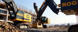 A construction site featuring black and gold excavators with the word 'PROG' displayed prominently