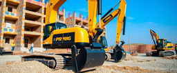 A construction site featuring black and gold excavators with the word 'PROG' displayed prominently