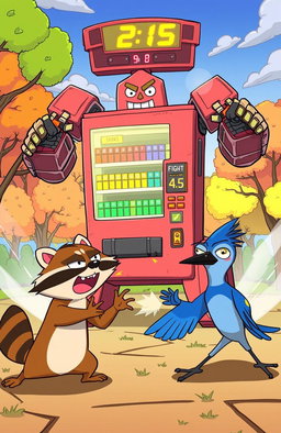 An epic action scene from a cartoon, reminiscent of the animated style in 'Regular Show', featuring a giant vending machine that transforms into a robot mid-fight