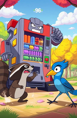 An epic action scene from a cartoon, reminiscent of the animated style in 'Regular Show', featuring a giant vending machine that transforms into a robot mid-fight