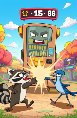 An epic action scene from a cartoon, reminiscent of the animated style in 'Regular Show', featuring a giant vending machine that transforms into a robot mid-fight