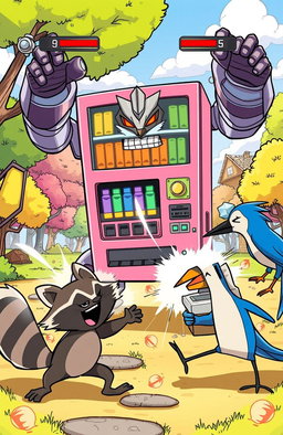 An epic action scene from a cartoon, reminiscent of the animated style in 'Regular Show', featuring a giant vending machine that transforms into a robot mid-fight