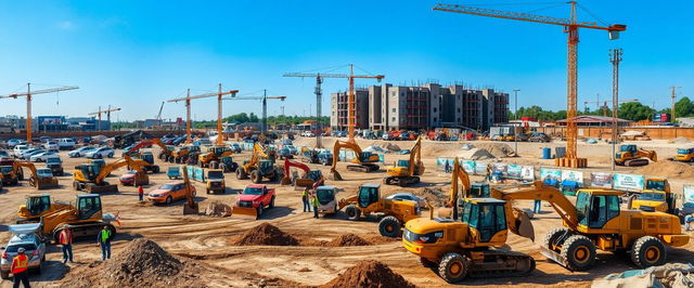 A bustling construction site filled with various heavy machinery including excavators, bulldozers, and cranes actively working