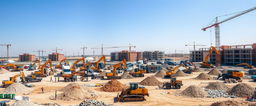 A bustling construction site filled with various heavy machinery including excavators, bulldozers, and cranes actively working