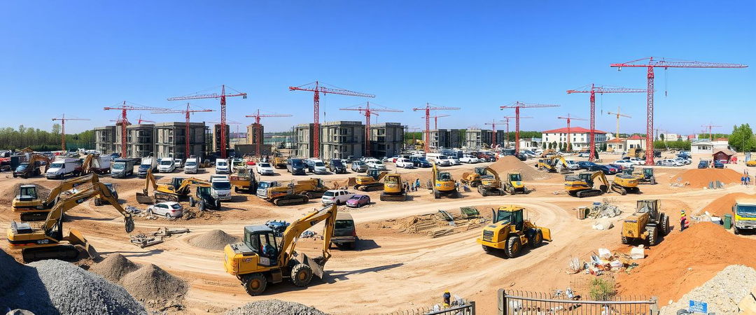 A bustling construction site filled with various heavy machinery including excavators, bulldozers, and cranes actively working