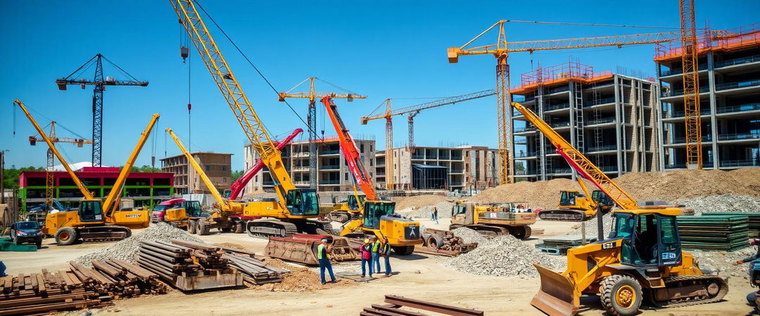 A lively construction site bustling with activity, showcasing various types of heavy machinery including cranes, excavators, and bulldozers working in unison