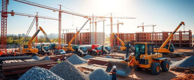 A lively construction site bustling with activity, showcasing various types of heavy machinery including cranes, excavators, and bulldozers working in unison