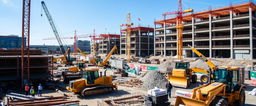 A lively construction site bustling with activity, showcasing various types of heavy machinery including cranes, excavators, and bulldozers working in unison